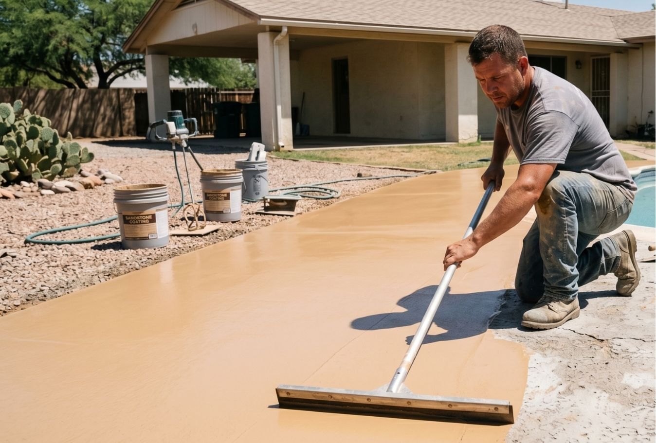 Cool deck coating being applied to pool deck