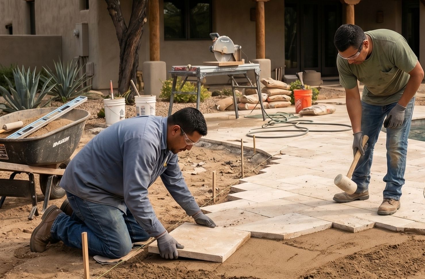 Tucson Pool Deck Wizards crew installing pool deck pavers